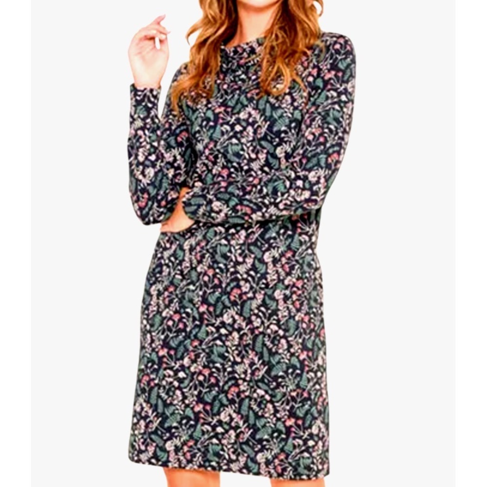 BRAKEBURN Winter Botanical Sweat Dress NAVY BLUE FLORAL Cotton Knit Cowl Neck 8